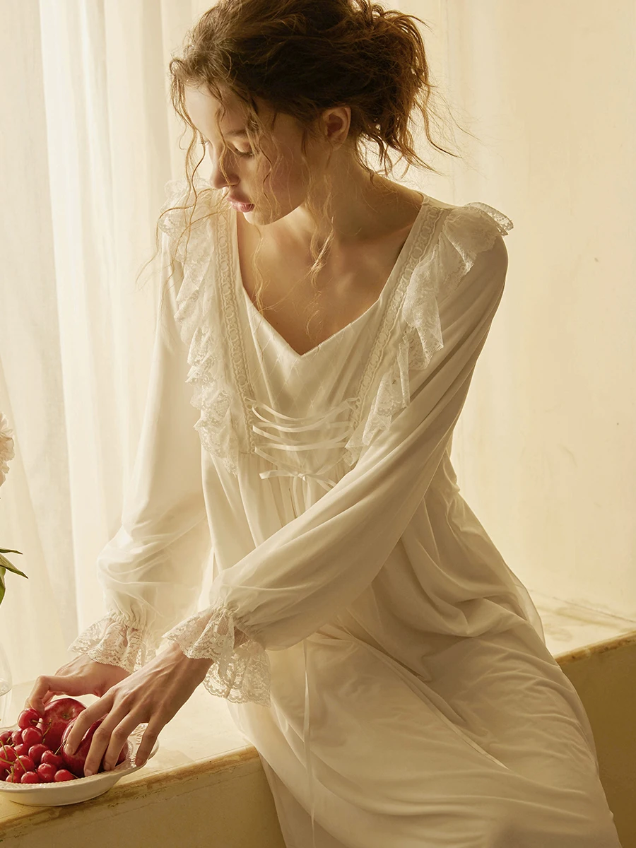 Ночные рубашки осеннее кружевное ночное белье с длинными рукавами милое Ночное