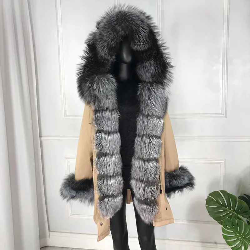 Новые чернобурки меховой парка пальто женские трикотажные silver fox меховой подкладке парки Черный зимой толстые Настоящее пальто с мехом теплые женские верхняя одежда - Цвет: 13