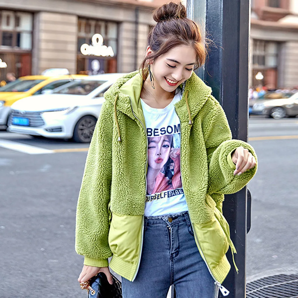 JAYCOSIN Winter Hoodie Coat Fashion Women Outwear Hooded Patchwork Embroidery Casual Long Sleeve Lamb Plush Jacket Overcoat |