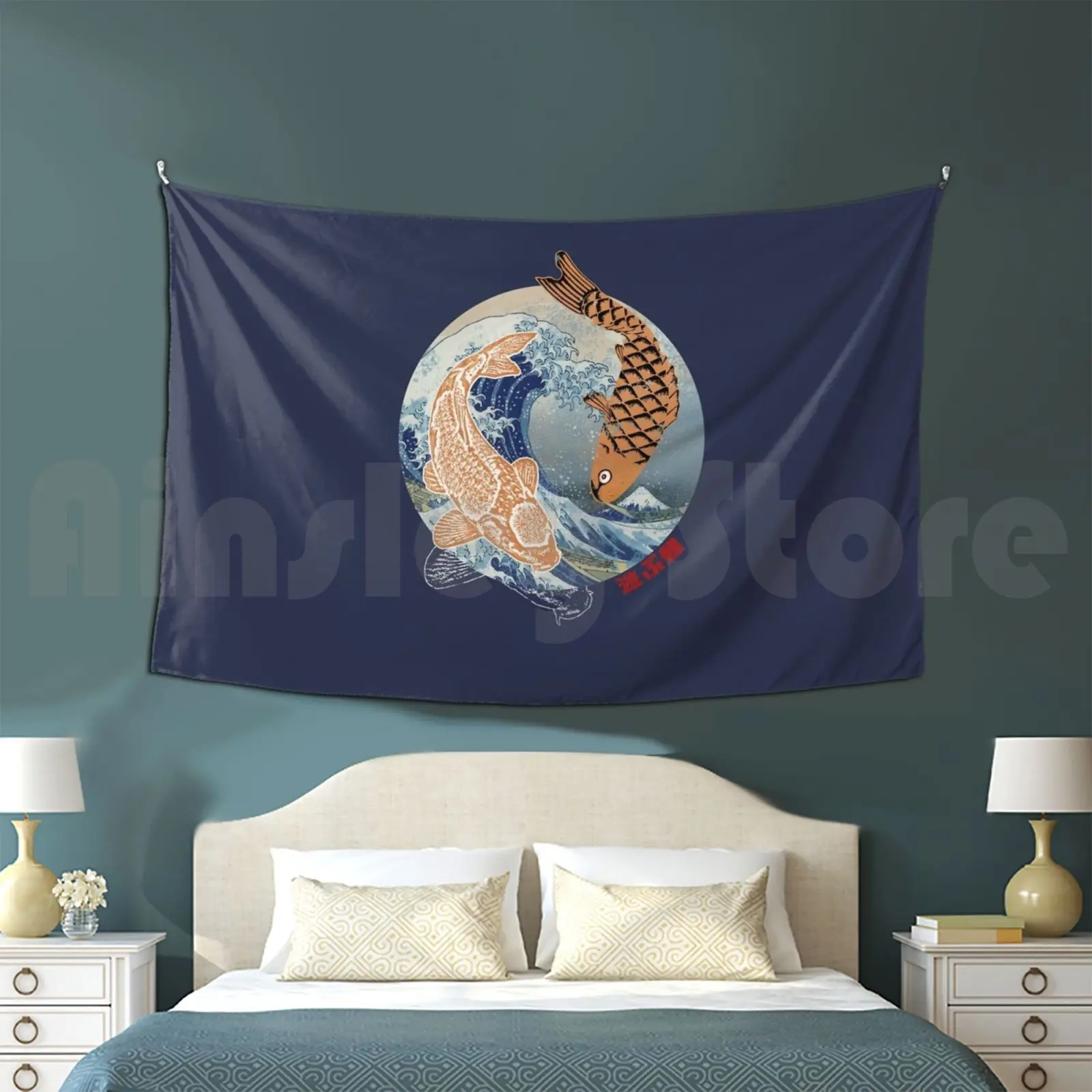 

Playing Koi Tapestry Living Room Bedroom Japan Vaporwave Koi Aesthetics Great Wave Ukiyo E Fish Fuji Great Wave Off