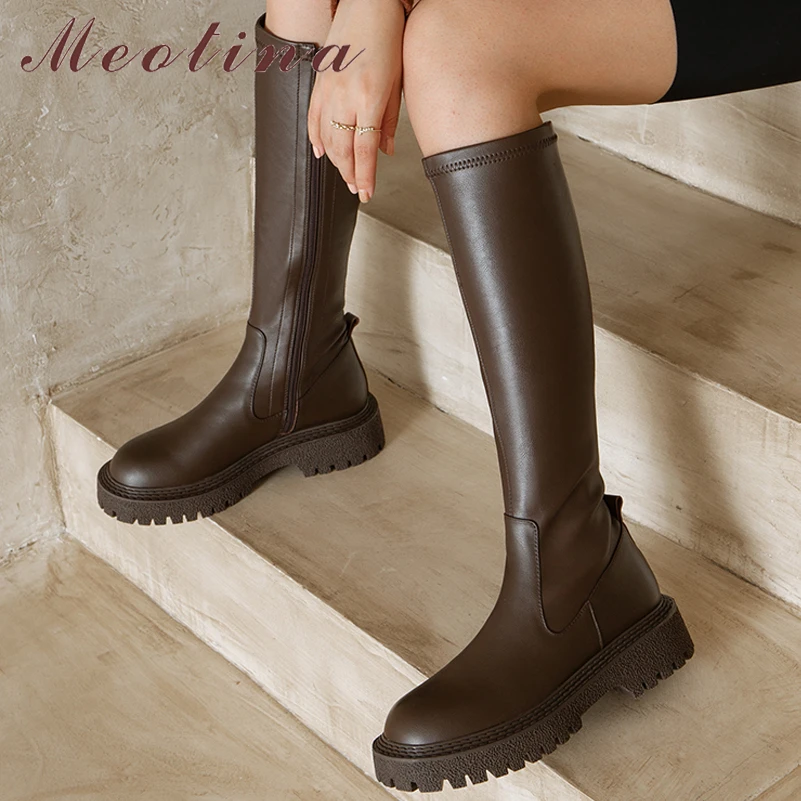 

Женские сапоги до колена Meotina, черные сапоги из натуральной кожи, на толстом среднем каблуке, с круглым носком, на молнии, Осень-зима