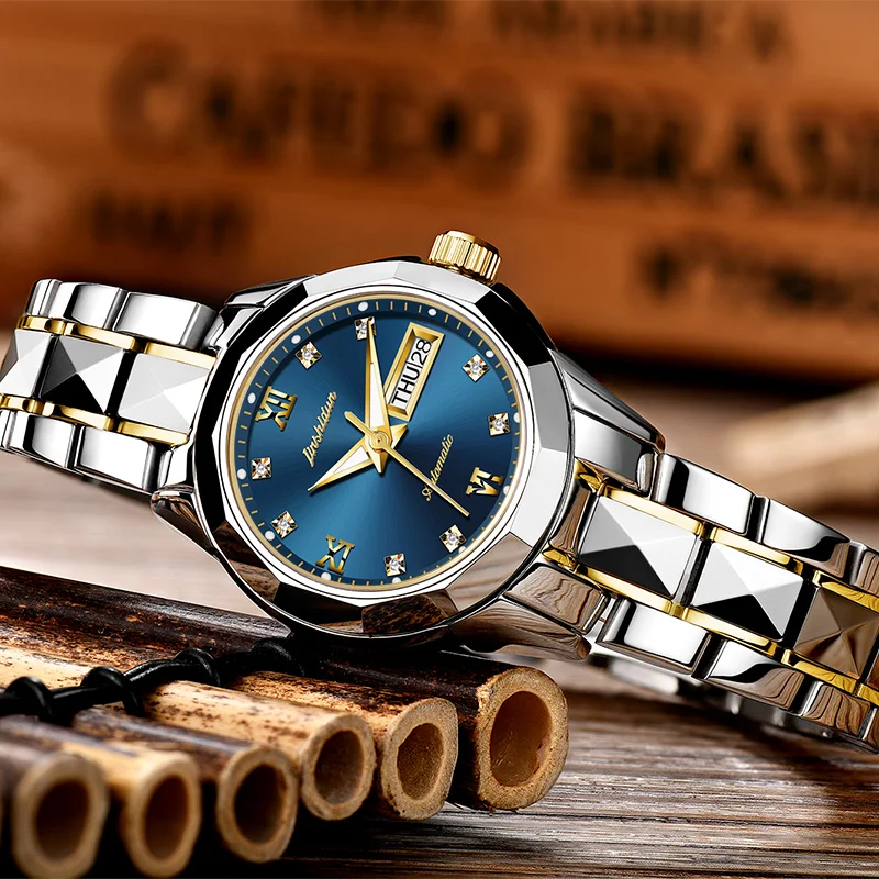 

Fashion Women Mechanical Watches Full Steel Waterproof Female Automatic Clock Watches For Lady Date Blue Montre Femme Self Wind