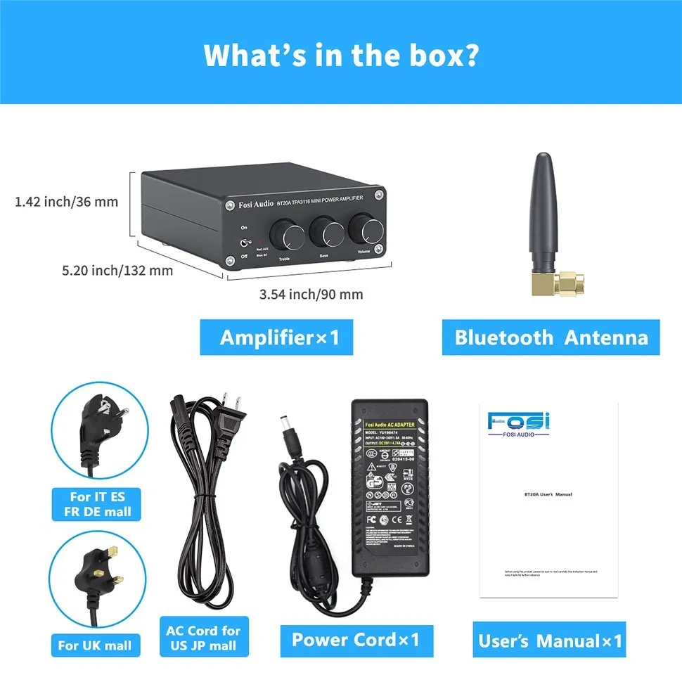 

Fosi Audio BT20A Bluetooth TPA3116D2 Sound Power Amplifier 100W Mini HiFi Stereo Audio Class D Amp Bass Treble For Speakers