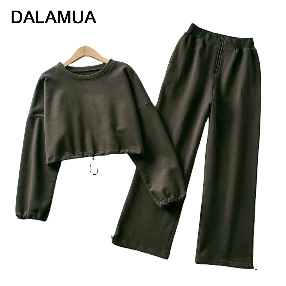 

Fleece Tracksuit Women Cropped Sweatshirt Wide Leg Sweatpants Solid O-Neck Casual 2020 Autumn Winter Suit Warm Female Tracksuits