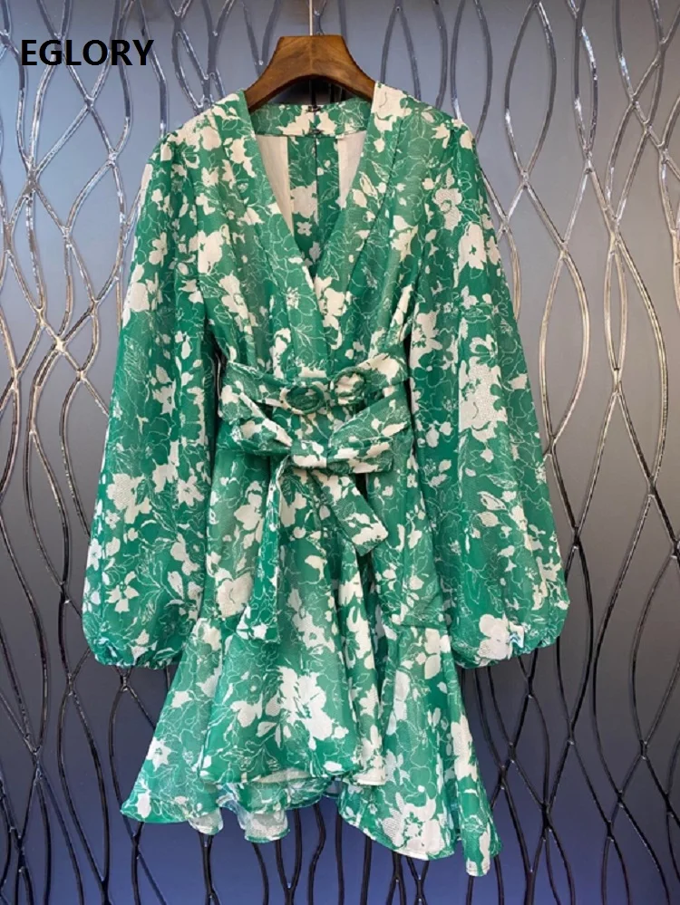 Женские вечерние платья с v образным вырезом и цветочным принтом зеленое платье