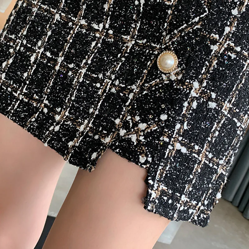 New 2020 Autumn Winter High Waist Woolen Mini Skirt Women Khaki And Black Plaid Skirts Buttons Elegant Casual A Line Skirt Women images - 6