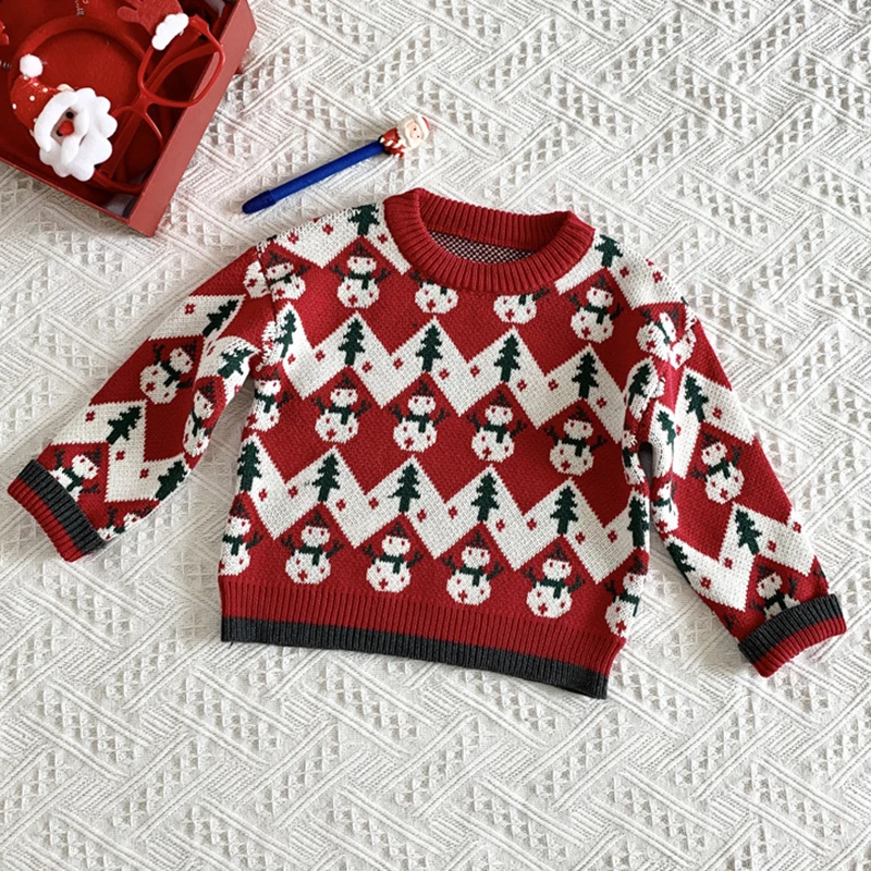 

Christmas Kids Sweaters Coat Children's Cartoon Snowman Jacquard Knitting Pullovers Knitwear Tops Baby Boy Girl Winter Clothing
