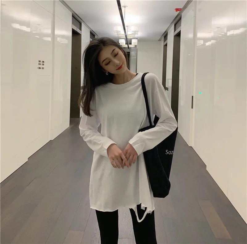 Women Loose T-shirt Long Sleeve 2020 Spring Summer New Fashion Female Streetwear Casual Big Size Hole White Tshirts Tops | Женская