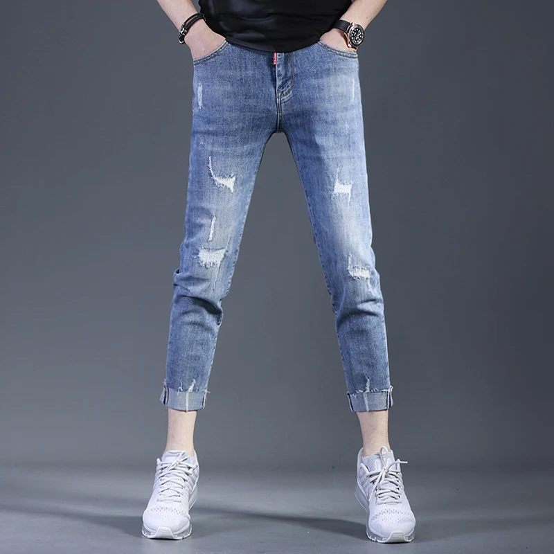 Summer Men's Blue Ripped Jeans Casual Slim Fit Ankle-Length Pants Korean Style Denim Trousers