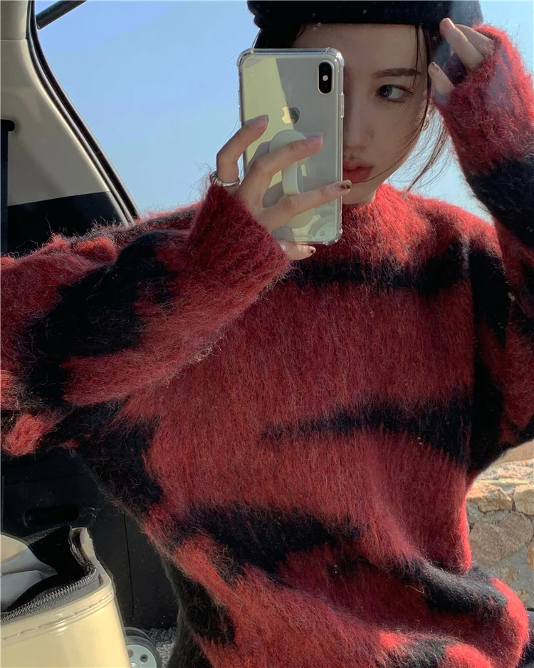 

Pulls tricotes en mohair pour femmes, 2 couleurs, doux a rayures, (R99461), automne et hiver