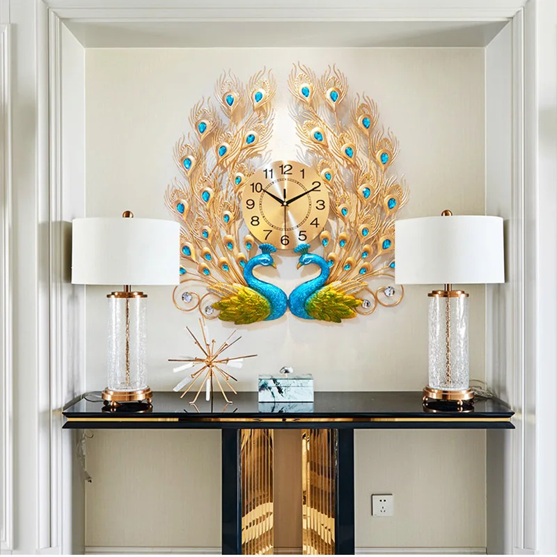 

Large Wall Clock Double Peacock Art Luxury Living Room Background Decoration Silent Wall Clocks