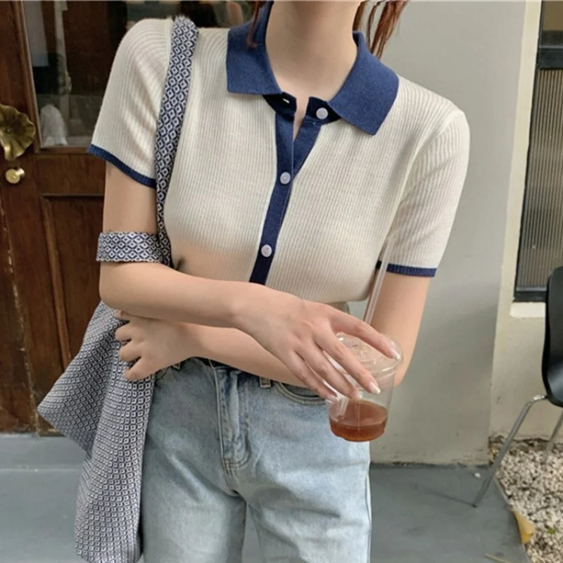 

Polo Neck Ice Silk Short Sleeve Knitted Cardigan Women's 2021 New Summer Short Small Fragrance Thin Grey Top