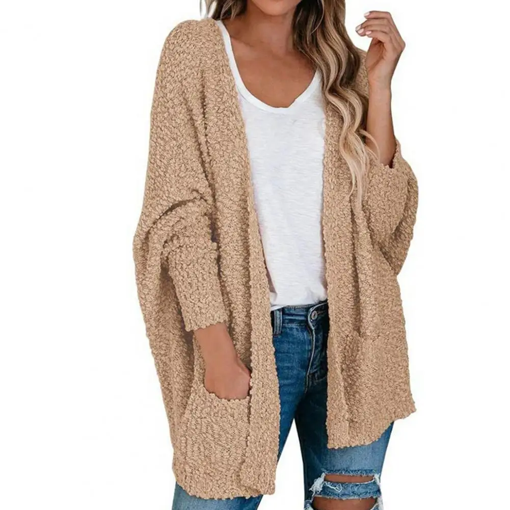 

Womens Winter Batwing Long Sleeves Cardigan Open Front Popcorn Knitted Midi Sweater Pocok Soft Fuzzy Solid Color Outwear Coat