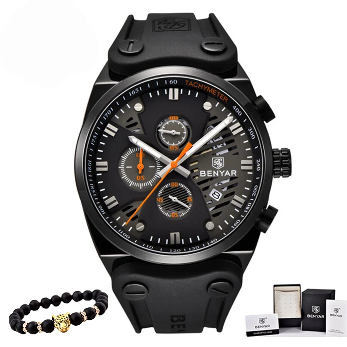full black orange Benyar часы мужские роскошные Топ бренд мужские s водонепроницаемые часы мужские спортивные наручные часы Мужские часы с кожаным ремешком Relogio Masculino - Цвет: full black orange
