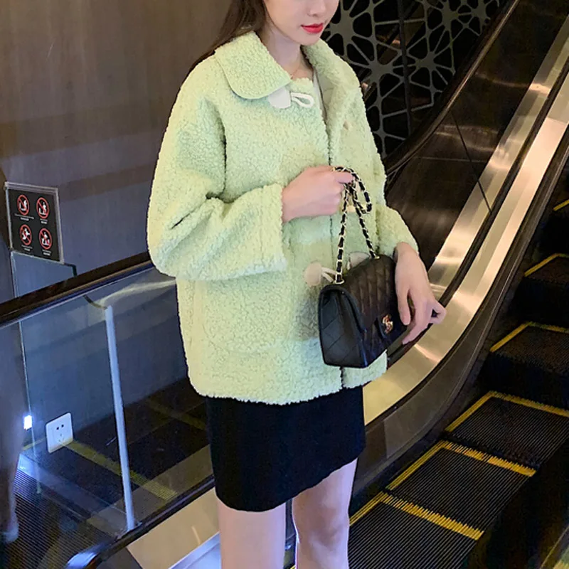 PERHAPS U Women White Green Faux Fur Jacket Coat Turn Down Collar Pocket Outwear Horn Button Warm Thick Ted Lamb Fur Solid C0252