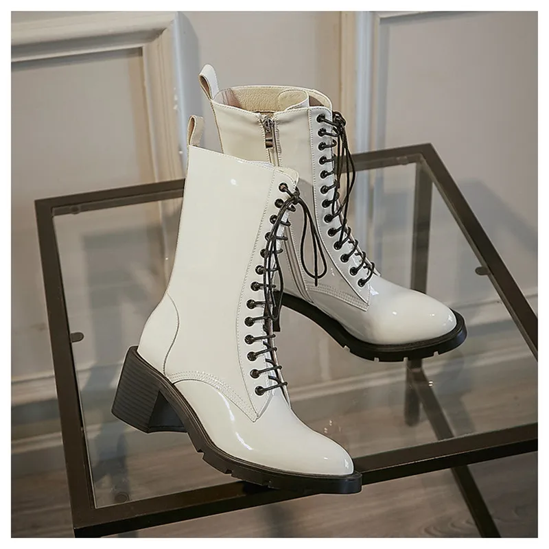 

Patent Leathe High Heel Platform Shoes Women Autumn Winter Zipper Ankle Boots For Women Motorcycle Cross Tied Boots Botas Mujer