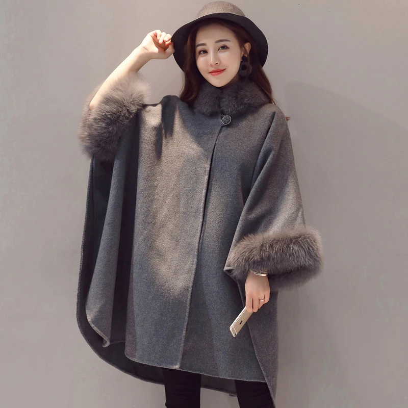 Женская меховая накидка шерстяное пончо с искусственным меховым воротником и