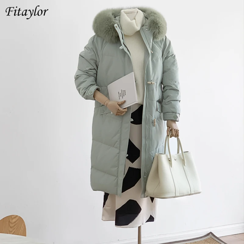 Fitaylor/зимняя длинная куртка с капюшоном и большим натуральным меховым воротником