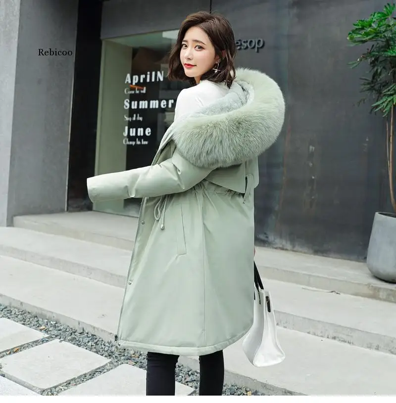 

2020 New Cotton Liner Parker Parka Fashion Adjustable Waist Fur Collar Winter Jacket Women Medium Long Hooded Parka Coat
