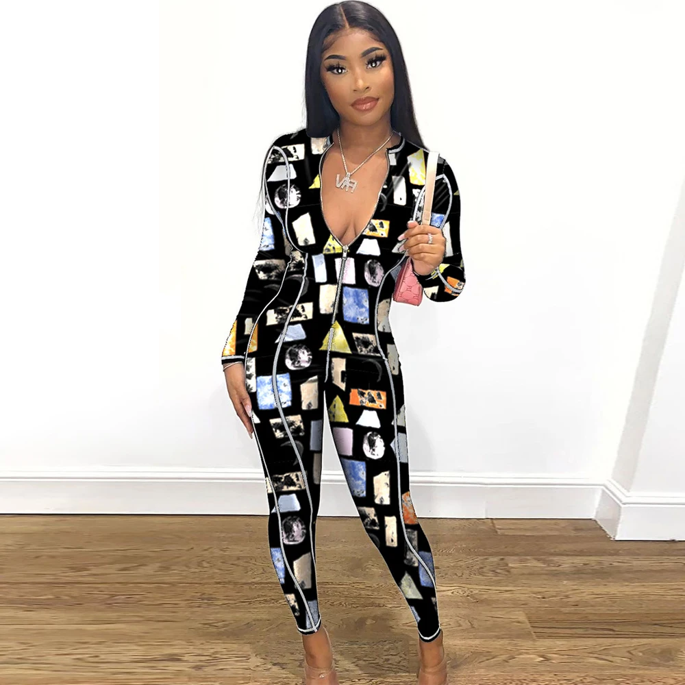 

Striped Pattern Print Casual One Piece Overall Women Full Sleeve V Neck Slim Fit Catsuit Streetwear Zipper Up Bandage Jumpsuits
