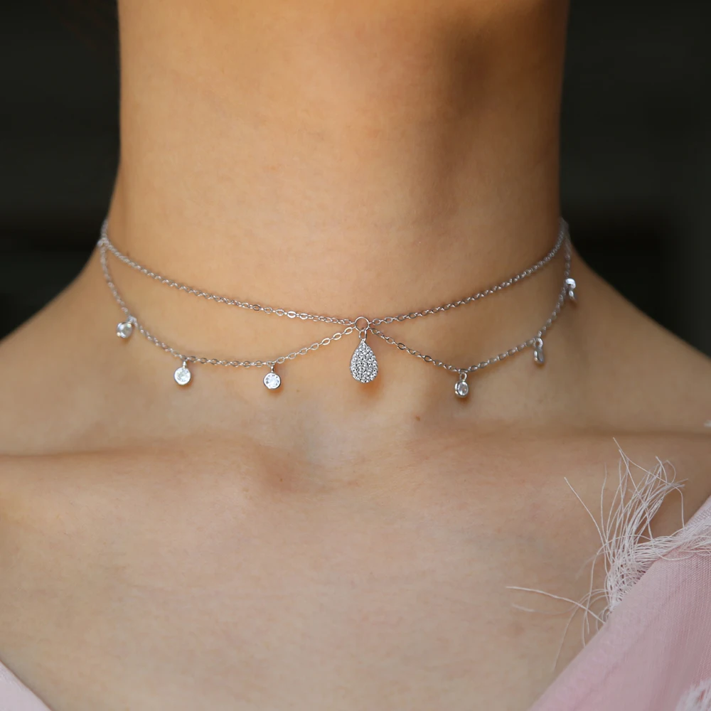elegant women summer charm choker chain double layer tassel cz 925 sterling silver 33+7 chocker charming necklace jewelry | Украшения и