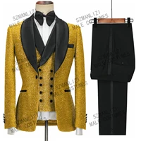 2022 handsome shiny gold men suits wedding suits for men shawl lapel 3 pieces slim fit mens party tuxedos groom wear bridegroom