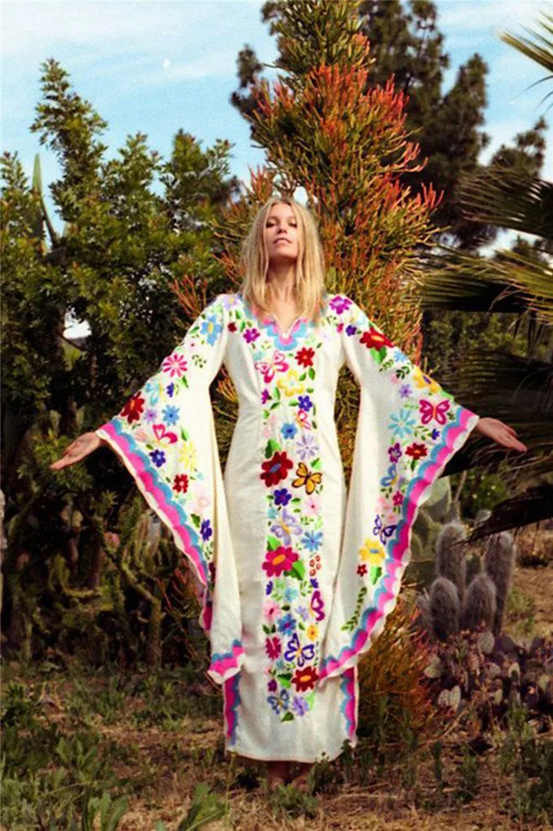 White Роскошное вышитое летнее пляжное платье Boho с расклешенными рукавами, хлопковая туника, женский пляжный купальник, накидка, халат de plage A204 - Цвет: White