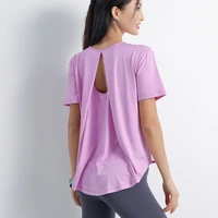 loose breathable quick dry short sleeve sexy back yoga shirts for women blue green purple running fitness workout sport cloth