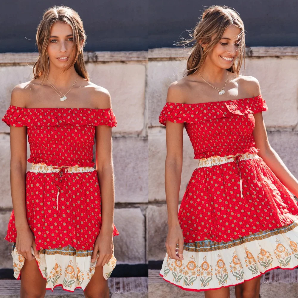 

Spring 2020 European and American womens wear cotton print sleeveless halter top mini skirt suit