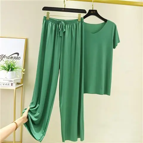 

Women New 2020 Summer Two Piece Set Female Fashion Solid Short Sleeve Tops And Wide Leg Pants Casual Ladies Outfits Suit L257