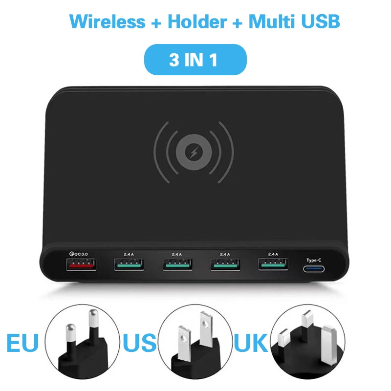 

Беспроводное зарядное устройство Qi для iPhone X, XS MAX, с несколькими USB-портами, с держателем для телефона, QC3.0, быстрая зарядка для Samsung S9, S8