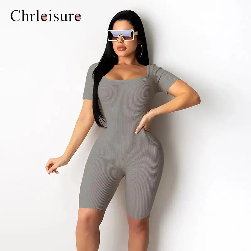 Summer Bodycon playsuit Women Backless Lace Up Sexy Rompers Short Sleeve Push Streetwear Solid Ribbed Jumpsuit |