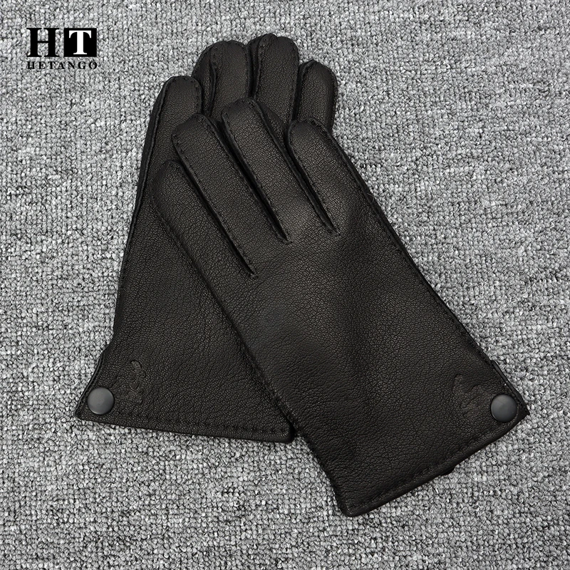 Новые зимние перчатки из оленьей кожи для мужчин с подкладкой из шерсти в стиле с застежкой-кнопкой, стойкие к износу и сохраняющие тепло, сшитые вручную.