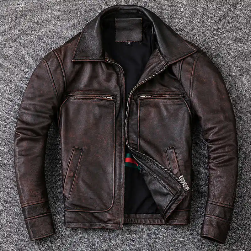 

2021 Fashion Retro Vintage Genuine Leather Jacket Men Short Lapels CowSkin Motorcycle Leather Jacket Slim Fit Biker Coat Male