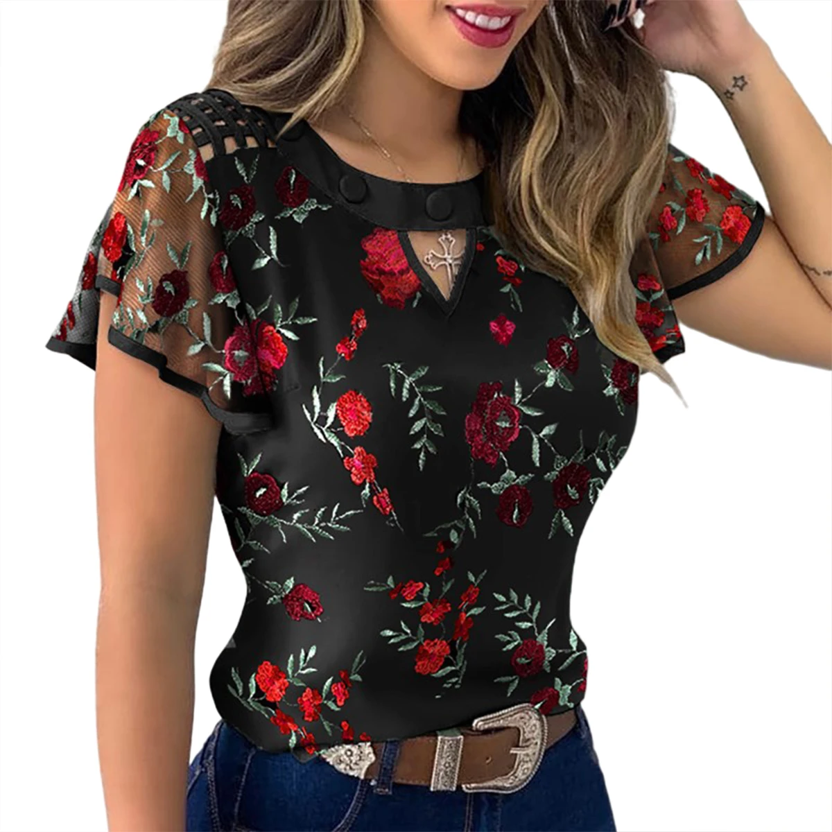 

Women's Ruffled Sleeve T-Shirt Summer Fashion Casual Flower Embroidery Cutout Mesh Sheer Tops