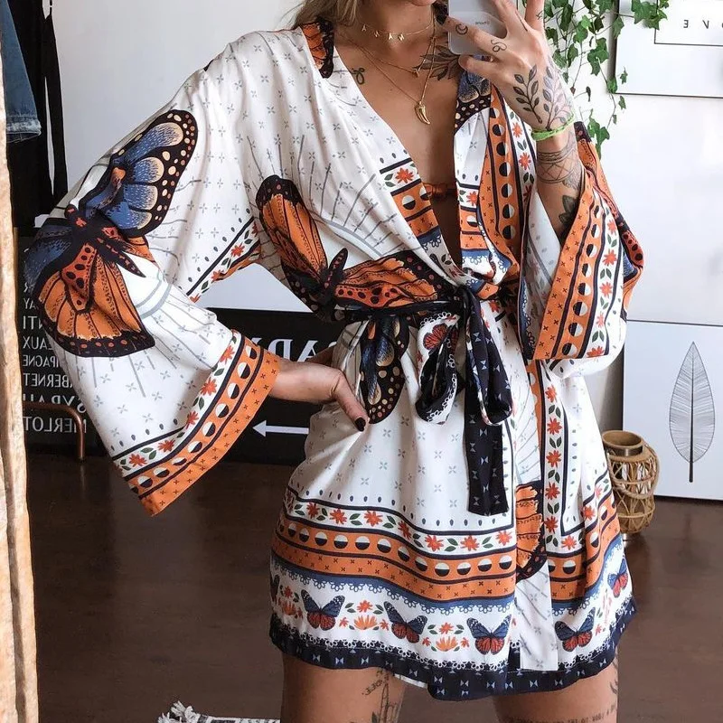 

Женское мини-платье с принтом бабочки, модное пикантное повседневное пляжное свободное Бандажное платье с глубоким V-образным вырезом и дли...