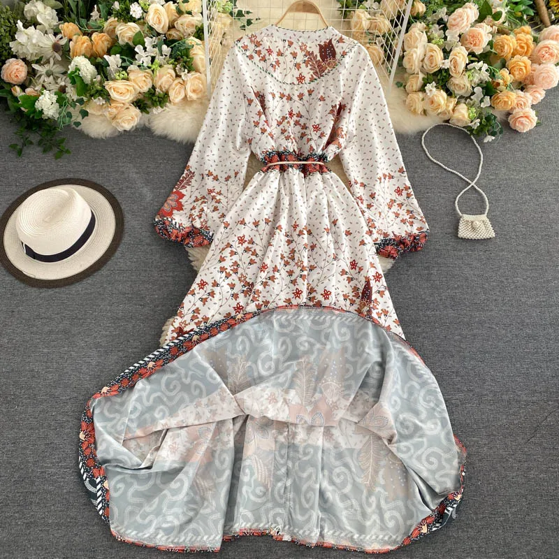 

2020 Lantern Long Sleeve Chic Nationality Prints Single Breasted Dress Retro Extra Long Chiffon V-neck Dress