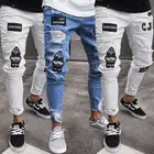 Мужские эластичные рваные джинсы скинни, байкерские джинсы с вышивкой и принтом, зауженные, с рваными дырками, зауженные, джинсовые, с царапинами, 3 вида стилей
