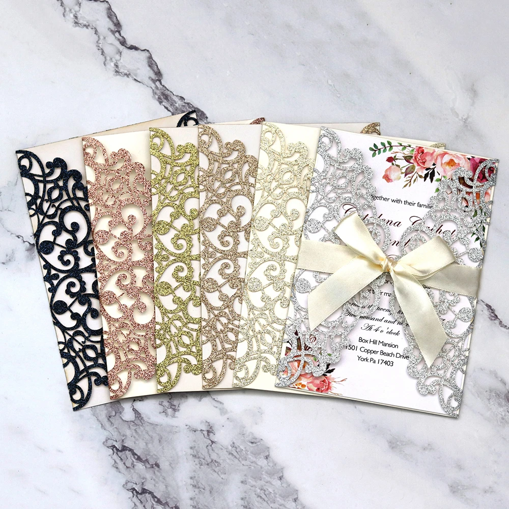 10pcs/Set Exquisite Glitter Paper Laser Cut Wedding Invitation Card With Ribbon Personalized Decor Party Supplies | Дом и сад