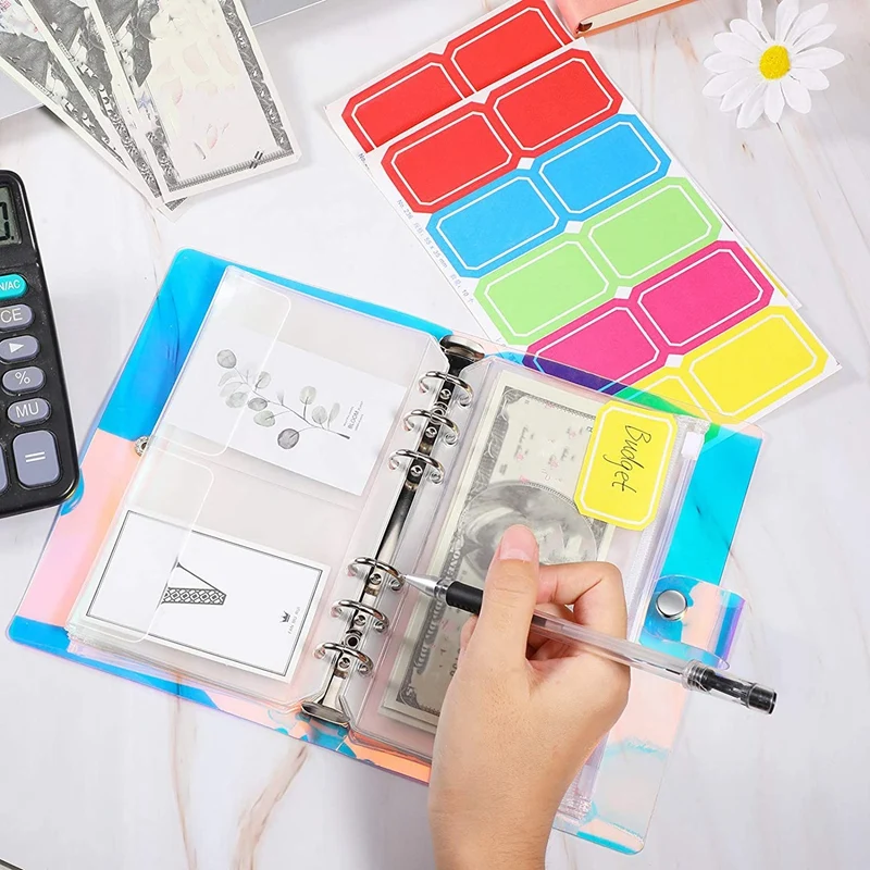 

14 Pieces 6 Holes Binder Zipper Folders Refillable PVC Notebook Cover, A6 Binder Pocket for Management Documents Cards