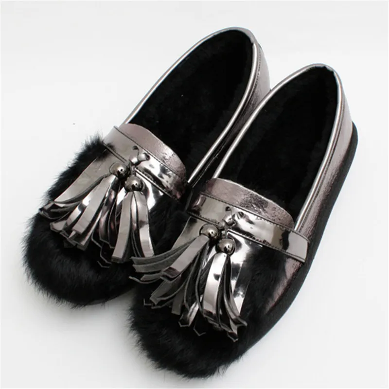 

Tassel Fur Snow Shoes Warm Plus Velvet metal Decoration Women Shoes Slip-on Loafers Zapatillas mujer Sapato Feminino