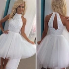 Женское платье для выпускного вечера, белое платье трапециевидной формы с блестками и высоким воротником, без рукавов