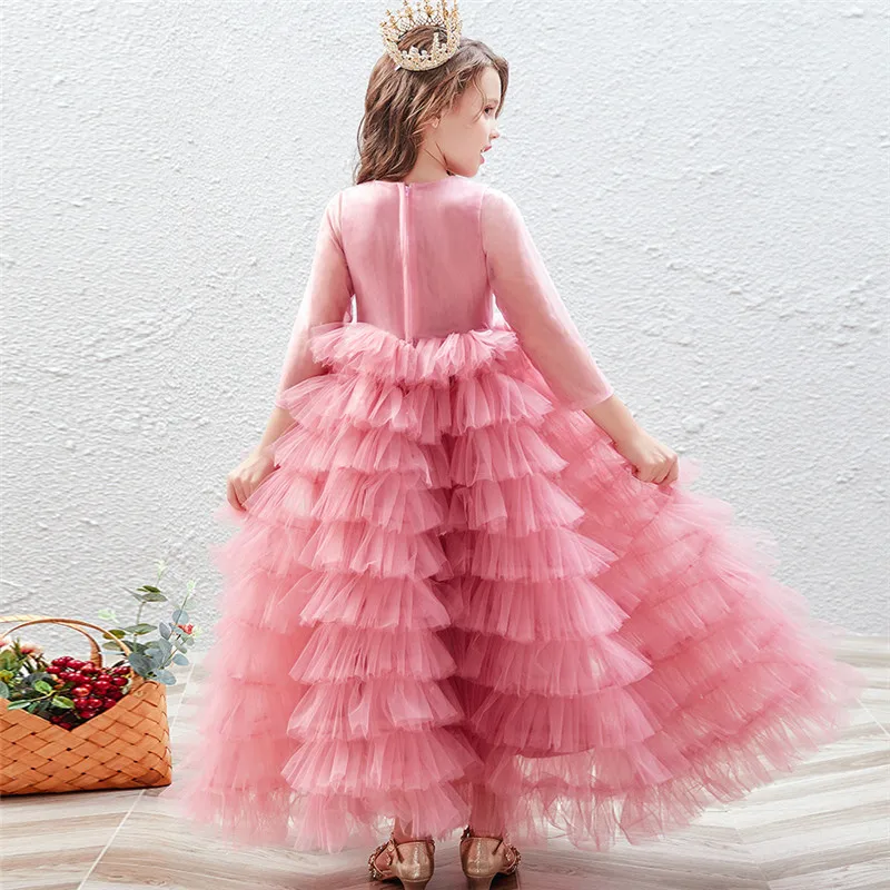 

2019Autumn Winter Luxury New Children Girls 3~15Ys Birthday Wedding Party Layers Mesh Dress Model Show Catwalk Piano Host Dress