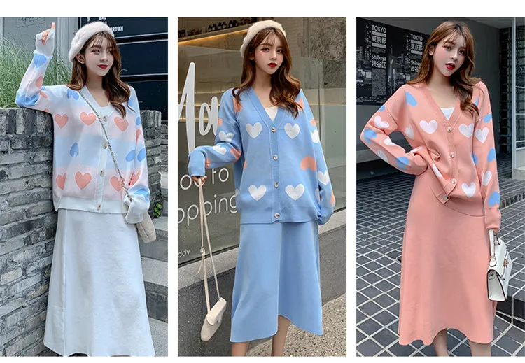 Autumn Winter Women Elegant Love Heart Knitted Cardigan Sweater+High Waist A-Line Skirt 2 Piece Set Loose Knitted Midi Dress Set