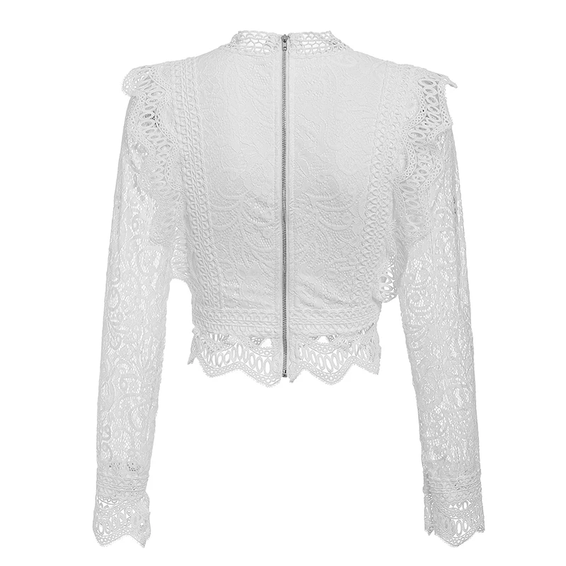 

2021 Spring Crew Neck Long Sleeve Zipper Women Lace Blouses Elegant Hollow Out White Color Pullover Short Lace Top with Lining