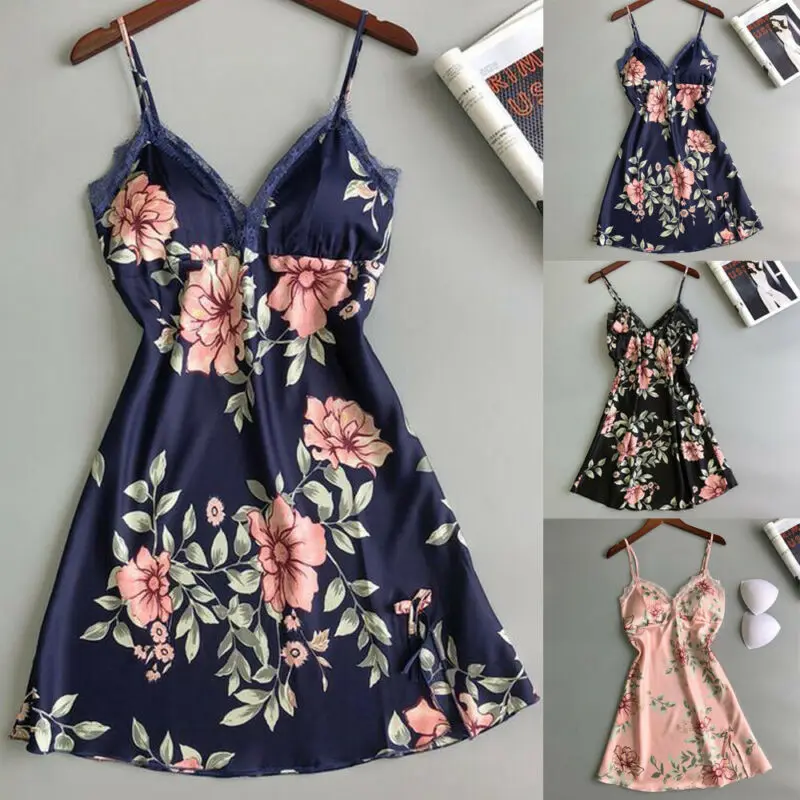 Sexy Style Fashion Lace Sling Floral Print Satin Look Deep V-Neck Backless Sleepshirts for Ladies Women's Nightwear Plus Size | Женская