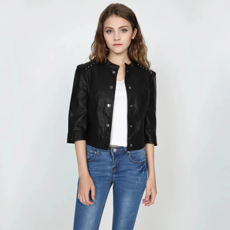Куртка женская из искусственной кожи с заклепками на осень/зиму|Кожаные куртки| |