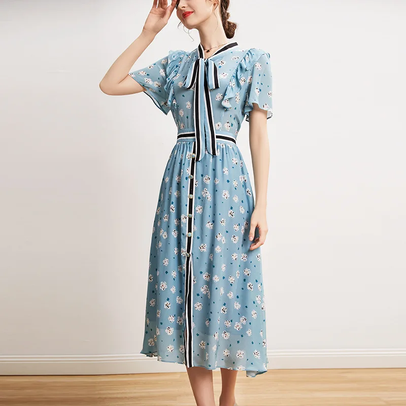 

Silk Dress Long Spring and Summer New Design Sense Waist Slim Blue Lace Silk A-line Skirt