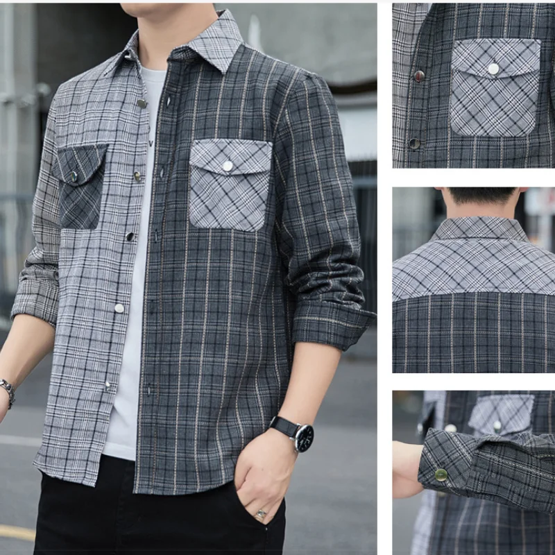 Men's fashion clothing cotton large size shirt splicing checkerboard Korean long sleeve loose top spring and autumn style