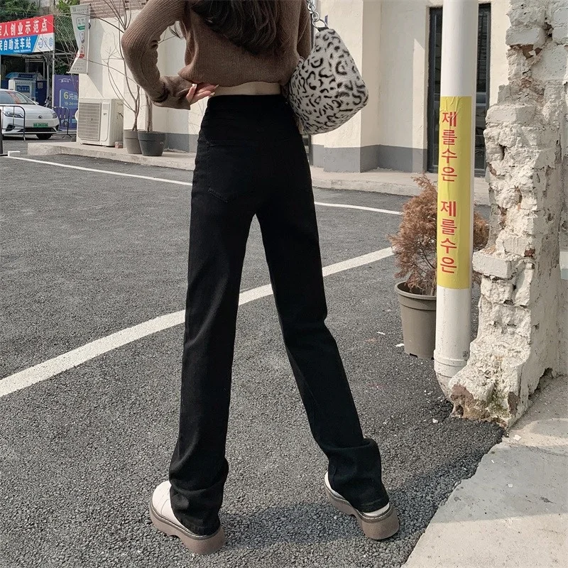 Осенние свободные черные прямые женские джинсовые брюки 2021 корейские облегающие